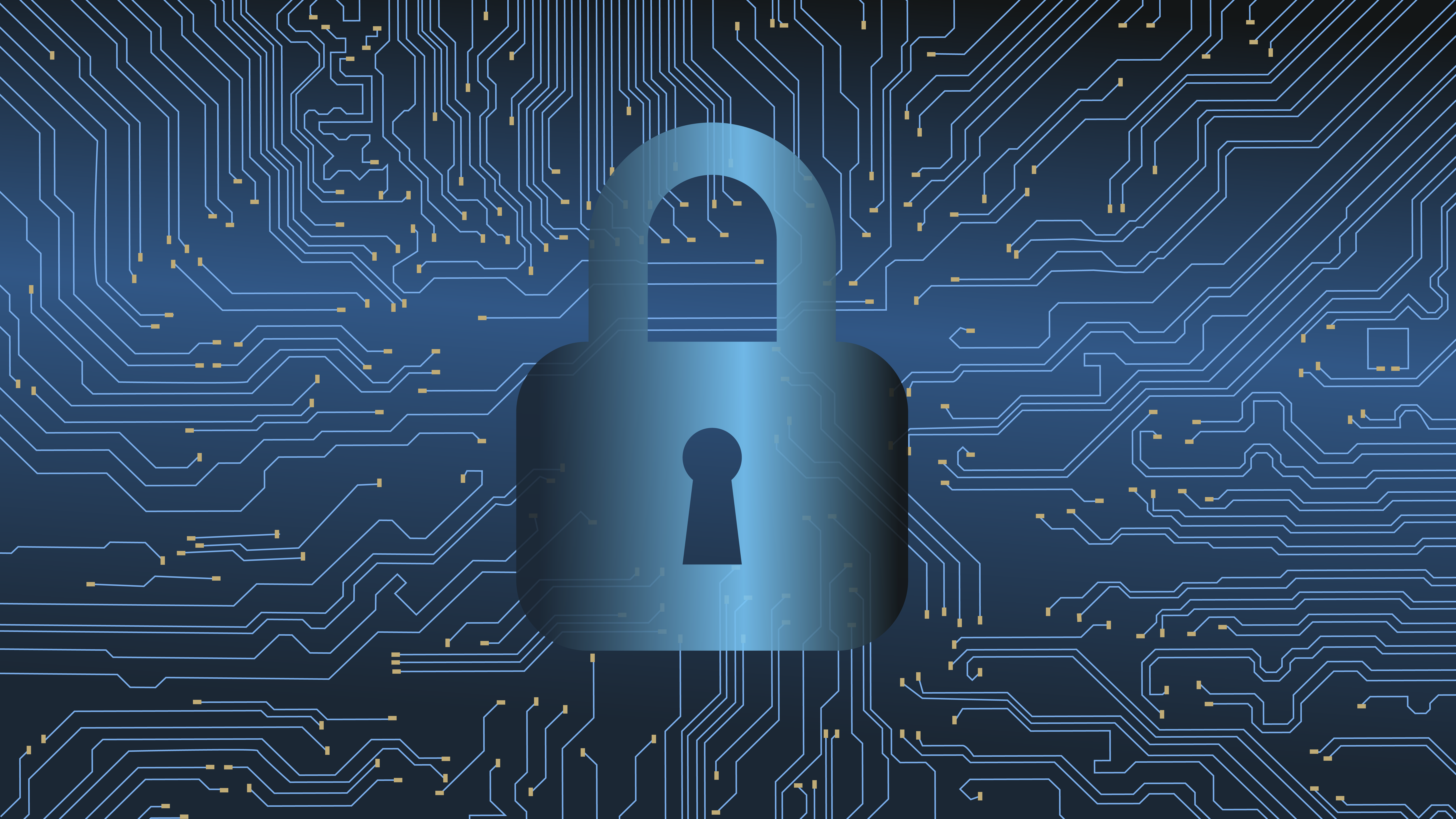 A padlock superimposed over a blue circuit board, representing digital identity and cybersecurity
