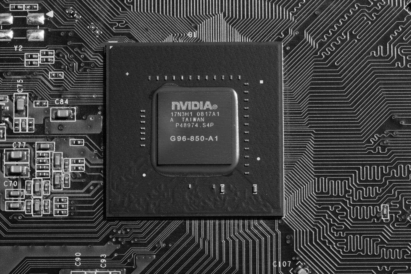 A close-up photograph of an Nvidia graphics processing unit (GPU) chip