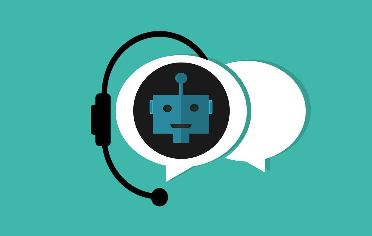 Flat illustration of a blue robot wearing a headset inside speech bubbles, representing an AI customer service chatbot