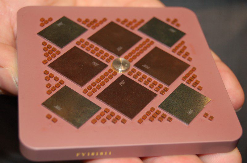 A multi-chip module containing four IBM POWER5 processor dies mounted together on a single package substrate