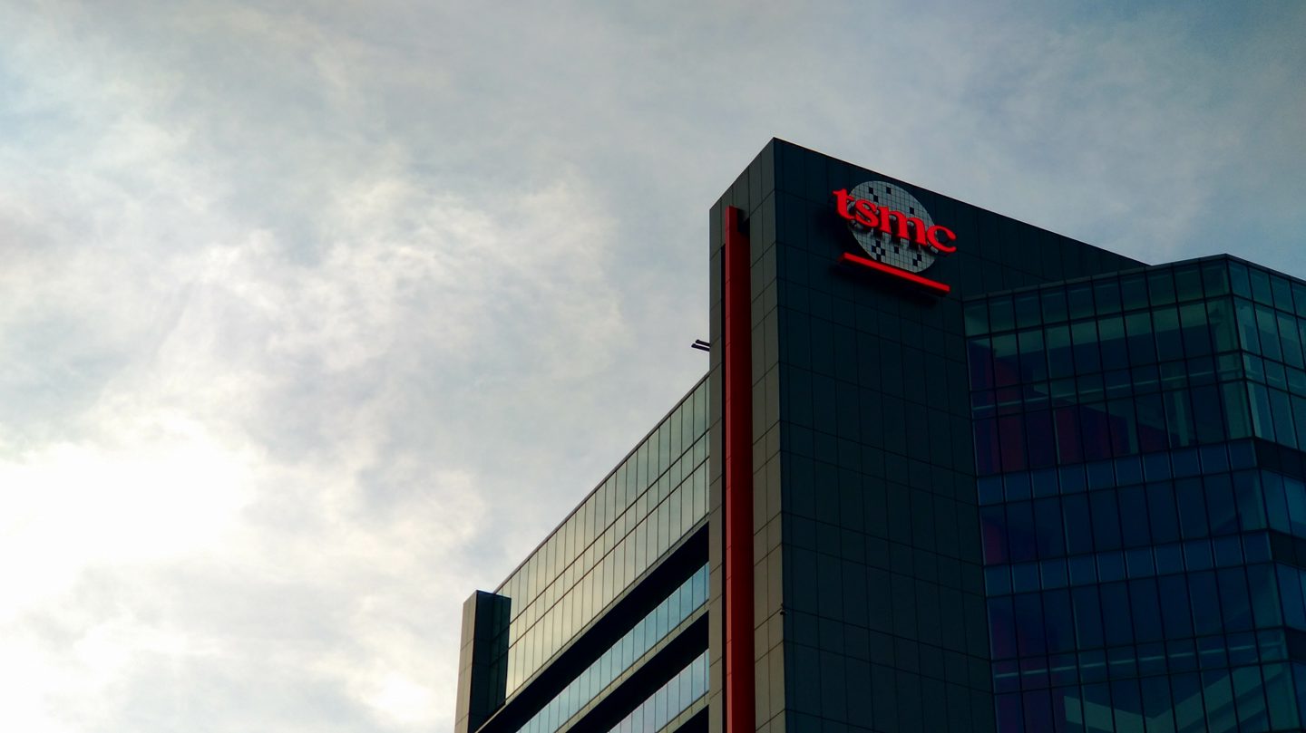The TSMC logo on the company's semiconductor fabrication plant in Taichung, Taiwan